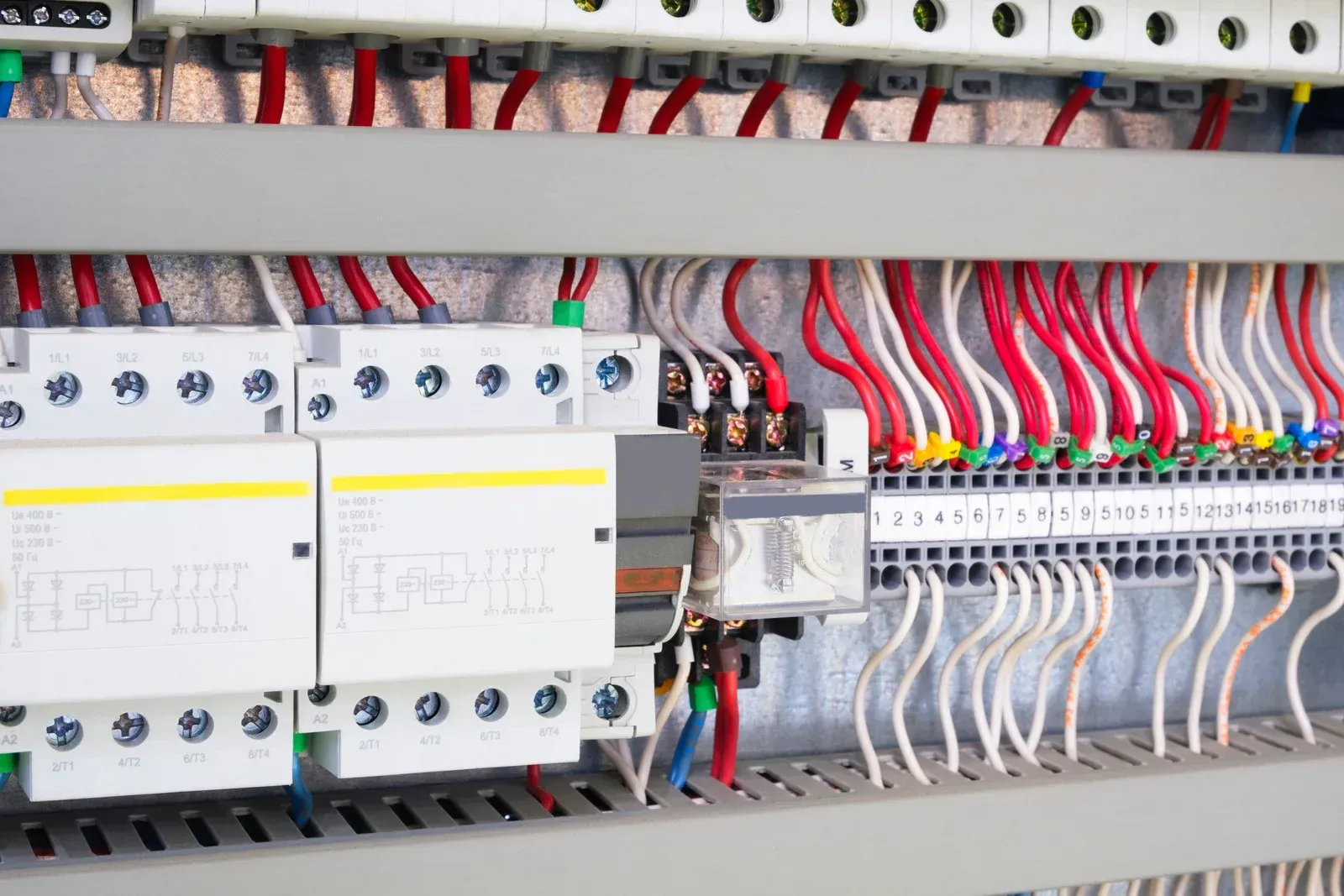 A close up of a electrical panel with a lot of wires coming out of it.