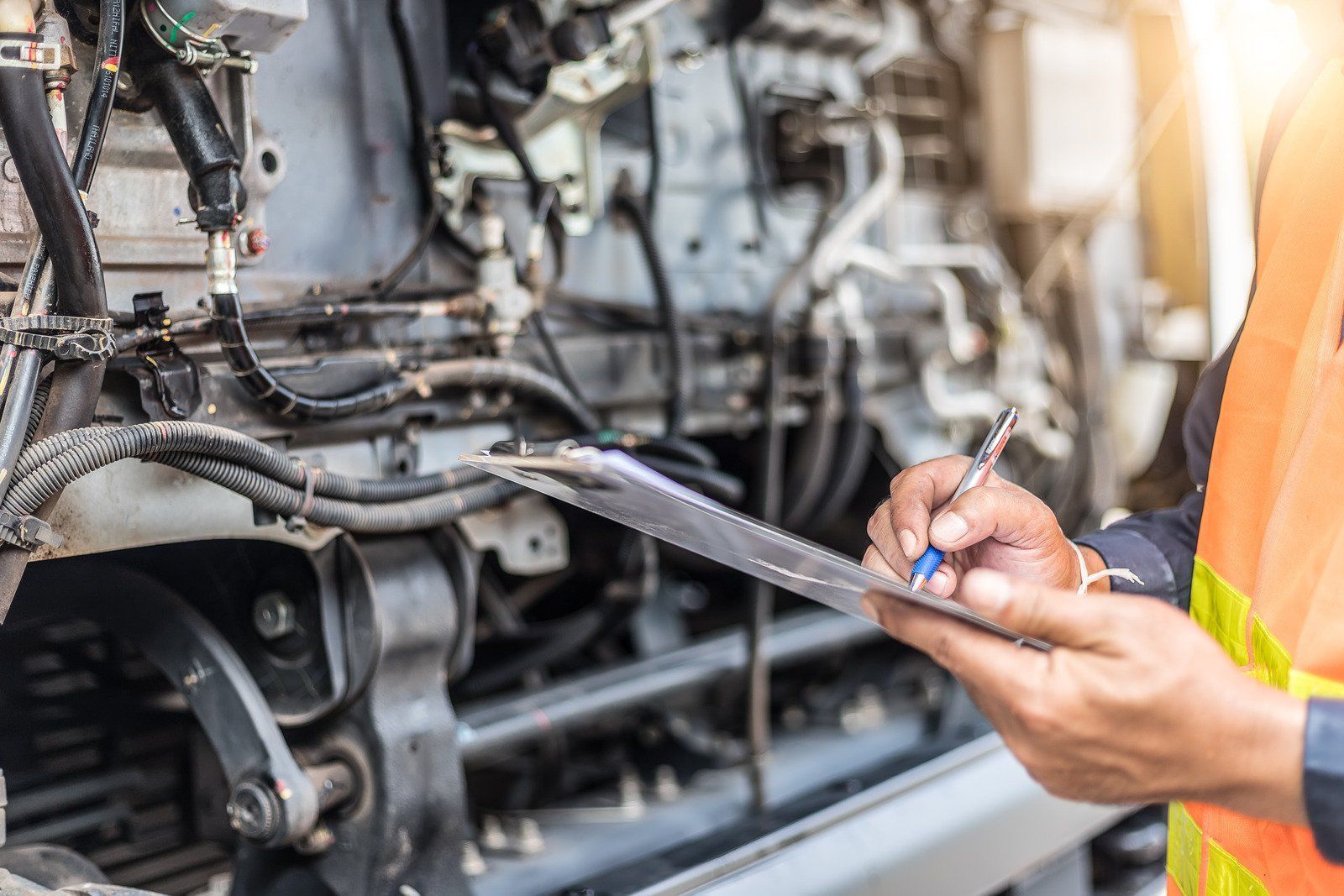 A man is writing on a clipboard in front of a truck engine.