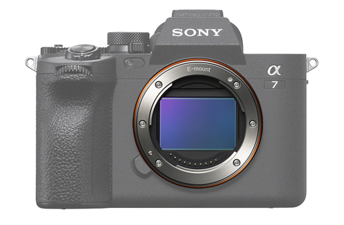 a sony camera with a lens attached to it on a white background .