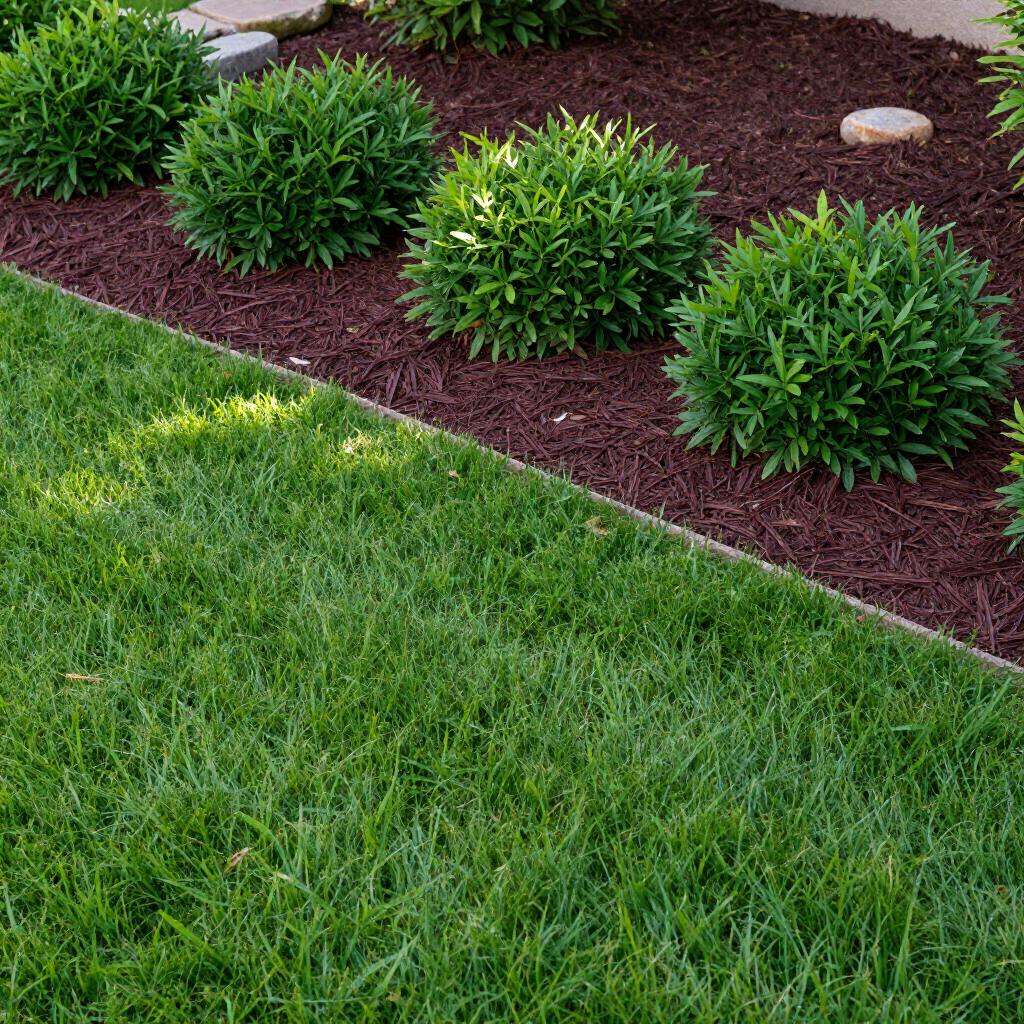 A well-manicured lawn meeting a garden bed mulched with dark brown wood chips and small, rounded green shrubs.