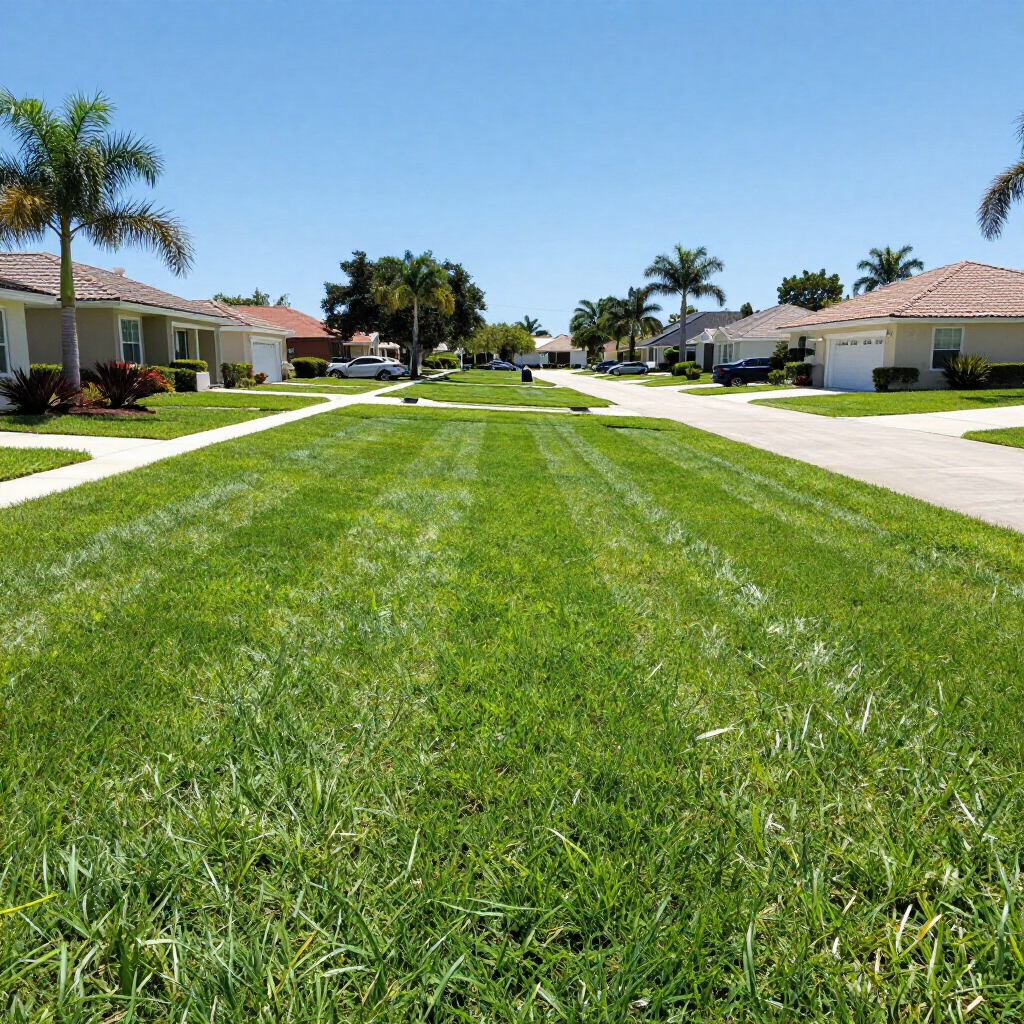 A sunlit residential street with neatly mown lawns, palm trees, and single-story houses under a clear blue sky.