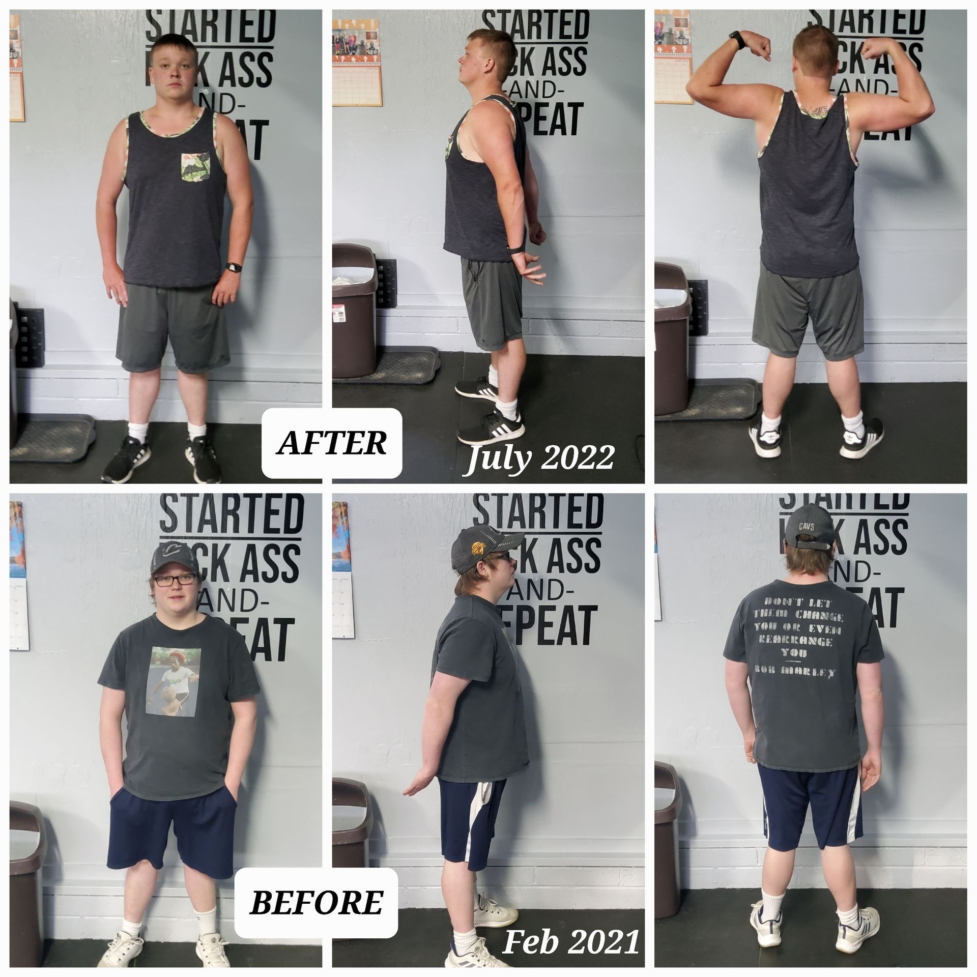 A collage of photos showing a man 's progress from july 2022 to feb 2021