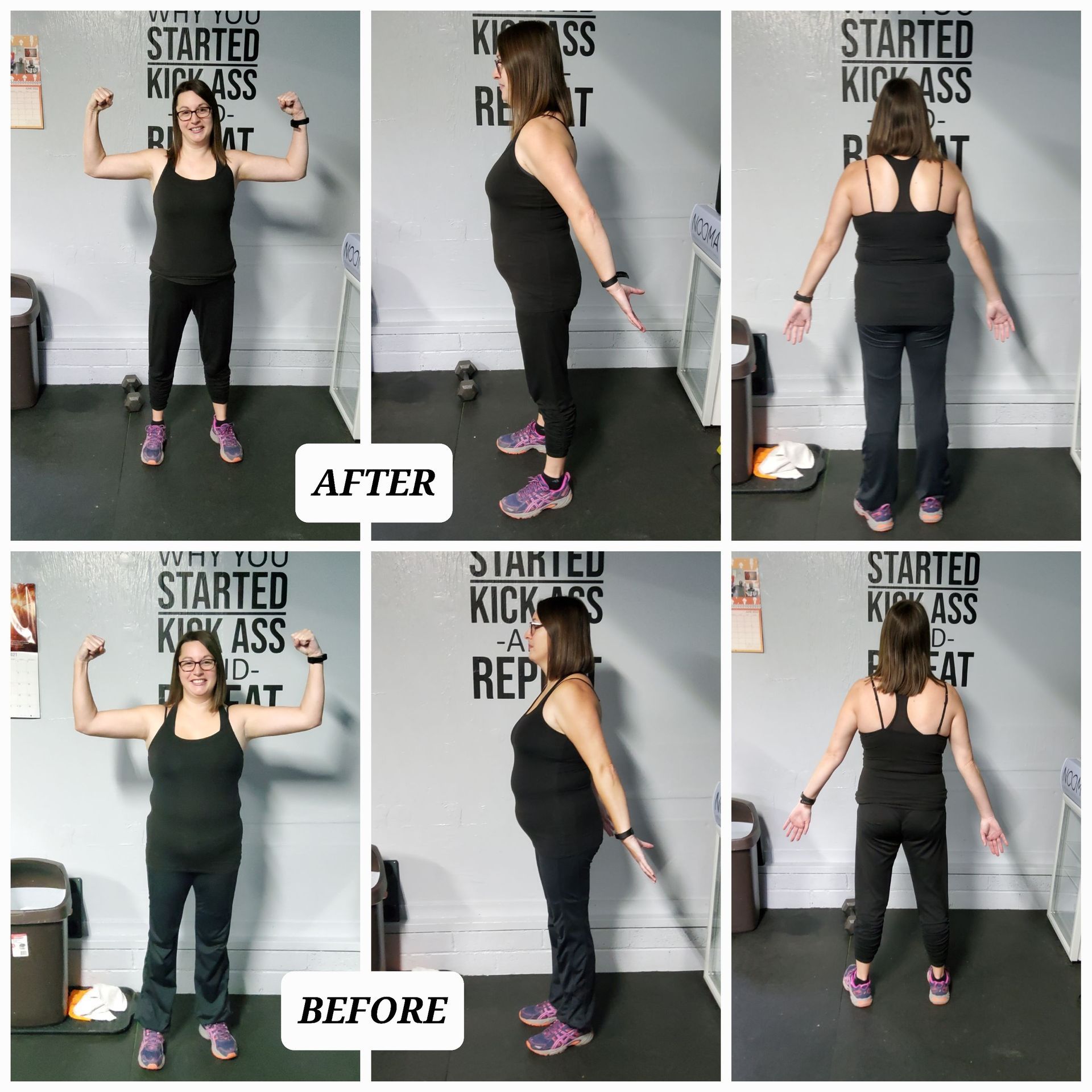 A collage of photos of a woman 's before and after weight loss