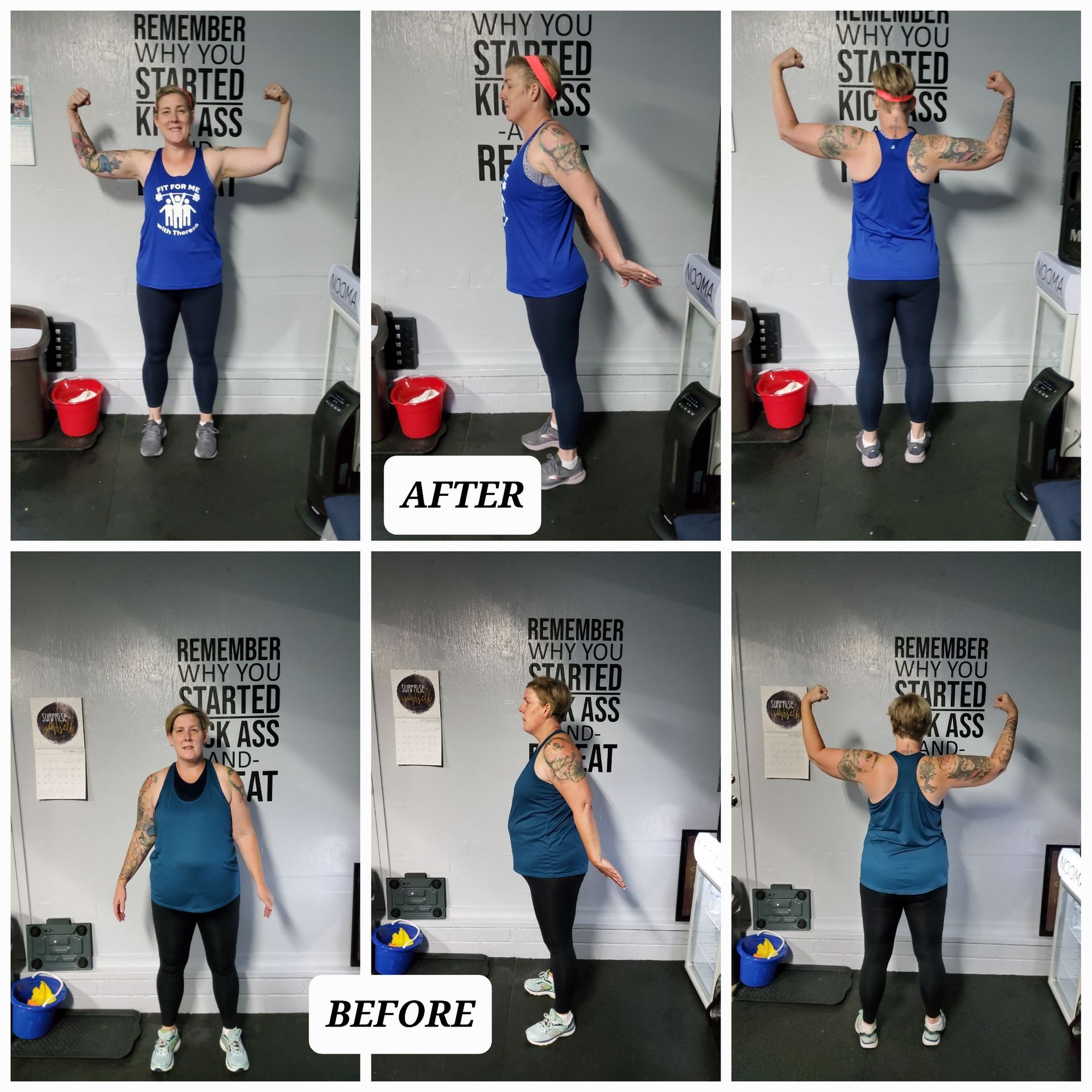 A woman is flexing her muscles in front of a wall that says remember when you started kindness