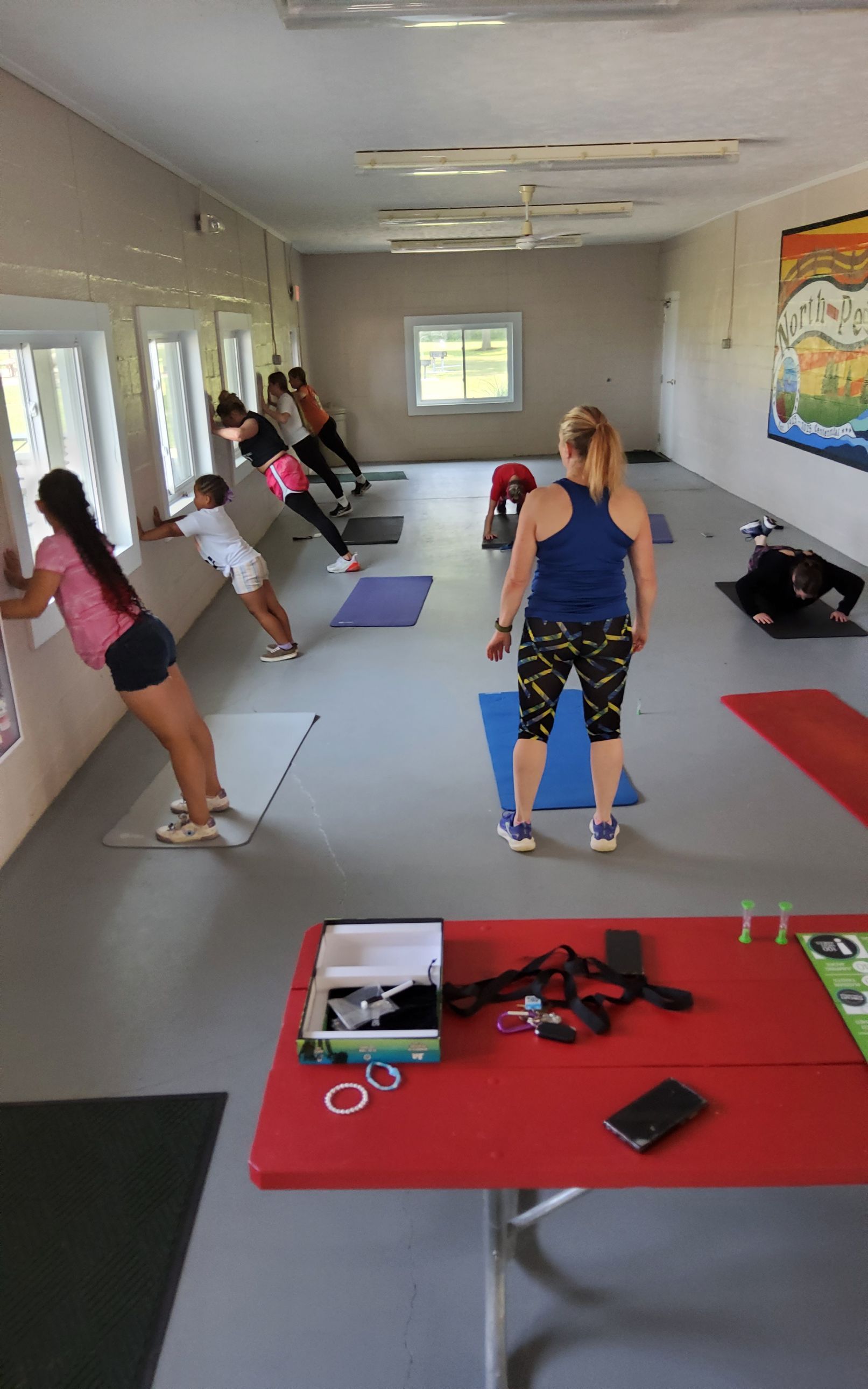People doing wall push-ups, led by an instructor, in a room with windows and yoga mats.