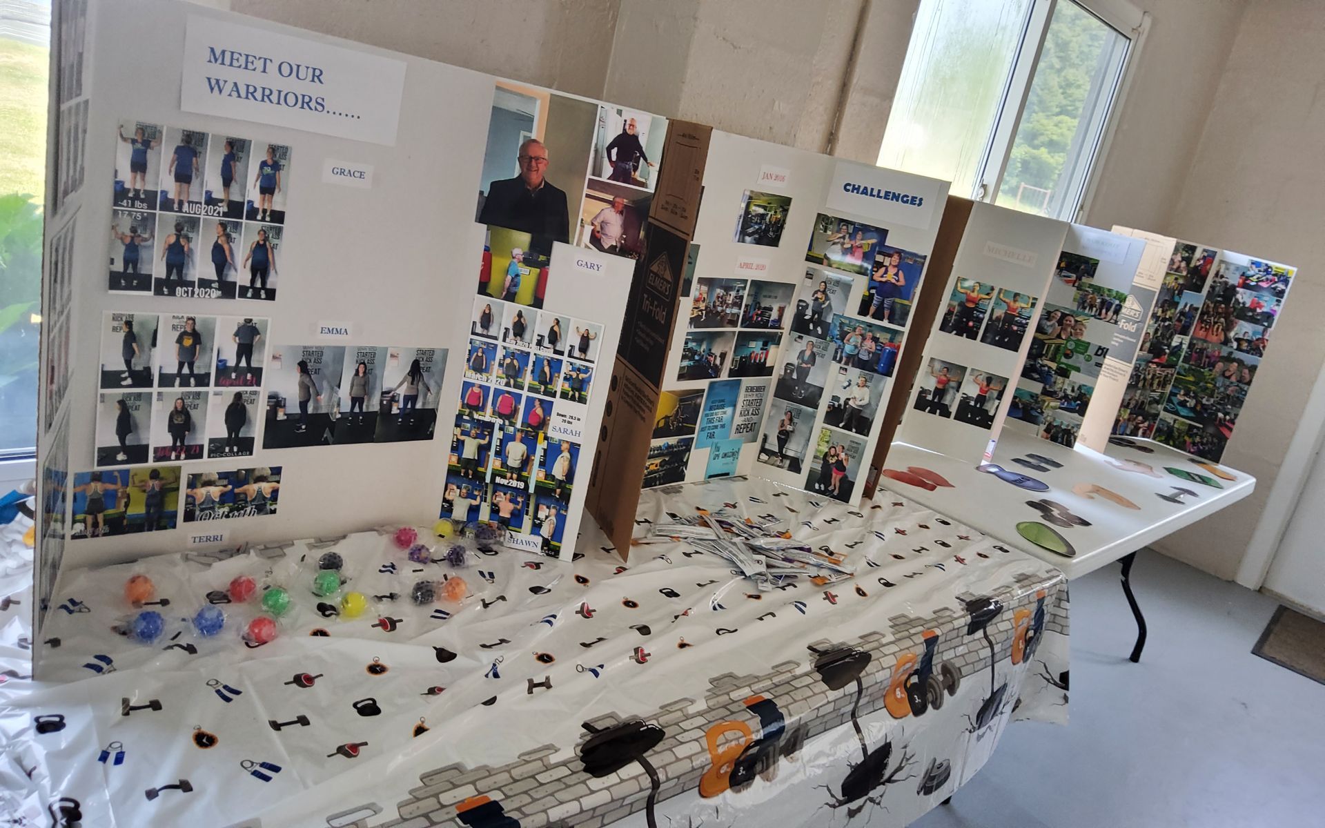 A display table with several tri-fold poster boards showcasing photos and information, possibly for a presentation.