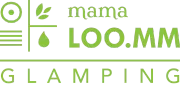 Logotipo con “mama Loo.MM” y “Glamping” en verde, presentando íconos de la naturaleza.