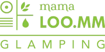 Logotipo con “mama Loo.MM” y “Glamping” en verde, presentando íconos de la naturaleza.