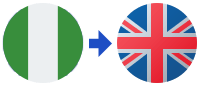 A green and white circle next to a blue arrow and a british flag.