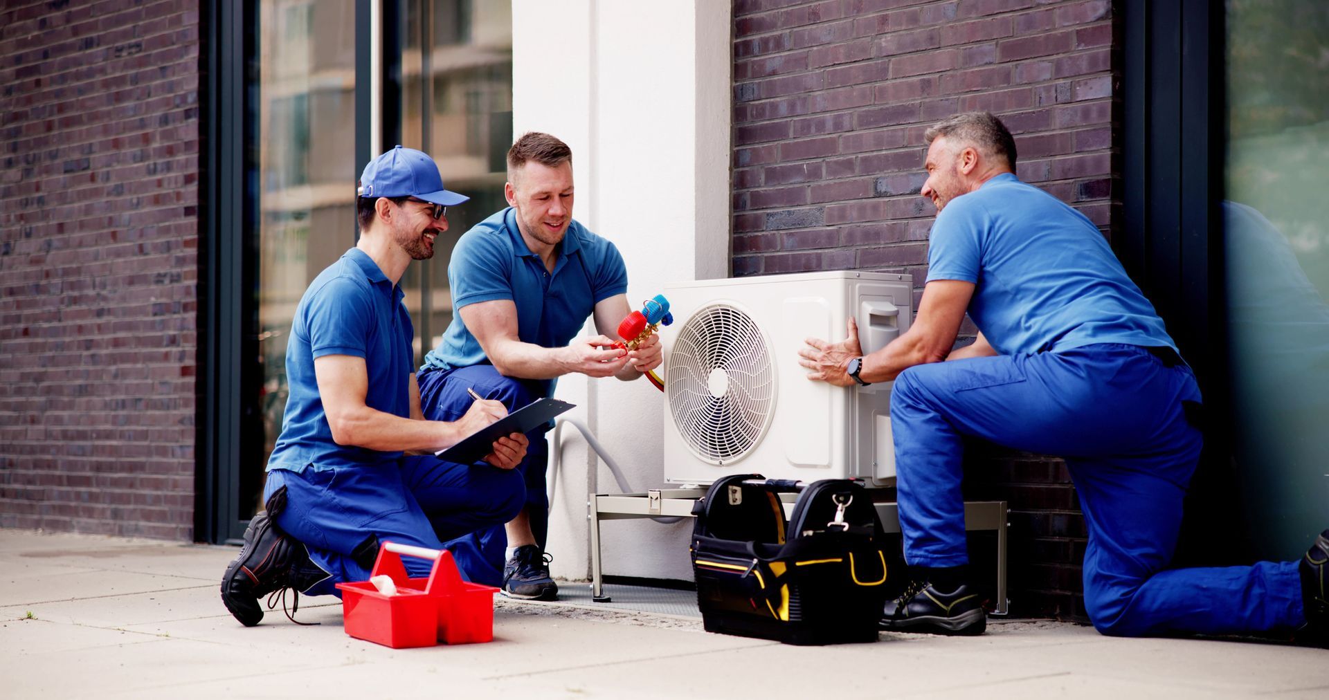HVAC technicians evaluating an older AC unit for replacement during summer in Apopka, Florida.