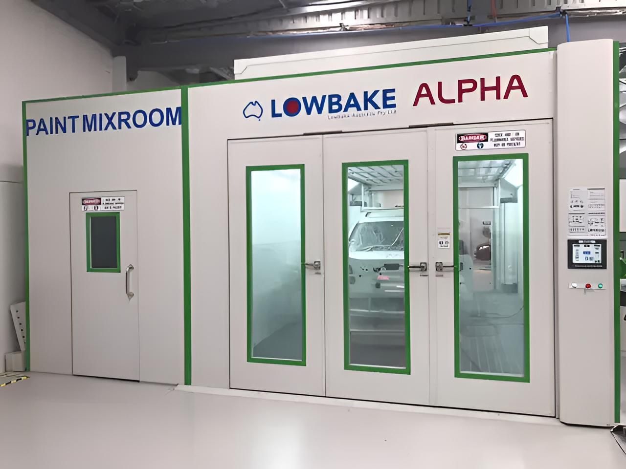 A Lowbake Alpha Paint Mix Room With a Car Inside — A & J Auto Body Repairs In Hunter Valley, NSW