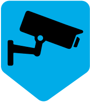 A blue shield with a security camera on it.