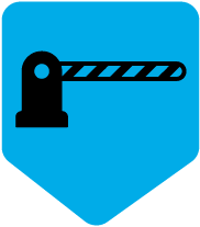 A blue shield with a black barrier icon on it.