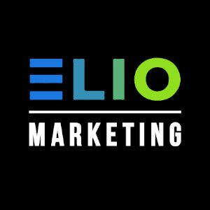 ELIO Marketing logo with blue, green, and lime text on a black background