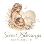 Pregnant silhouette with fetus in womb, heart and ultrasound line, text “Sweet Blessings Ultrasound”