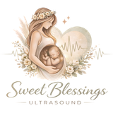 Pregnant silhouette with fetus in womb, heart and ultrasound line, text “Sweet Blessings Ultrasound”