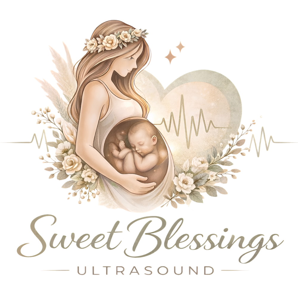 Pregnant silhouette with fetus in womb, heart and ultrasound line, text “Sweet Blessings Ultrasound”