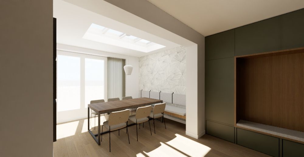 uitbouw met daklicht, maatwerk kastenwand met nis