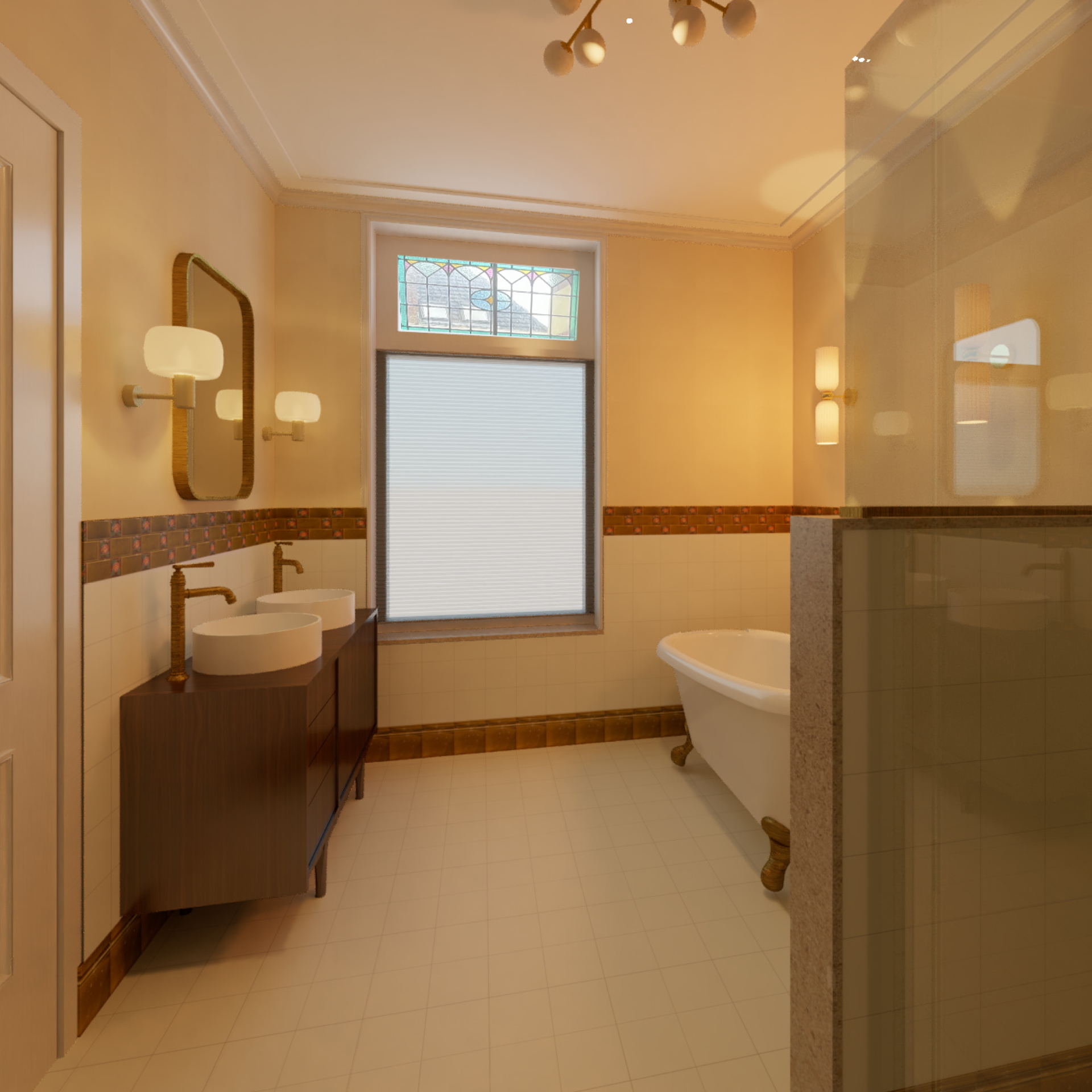 Een badkamer met twee wastafels en een ligbad