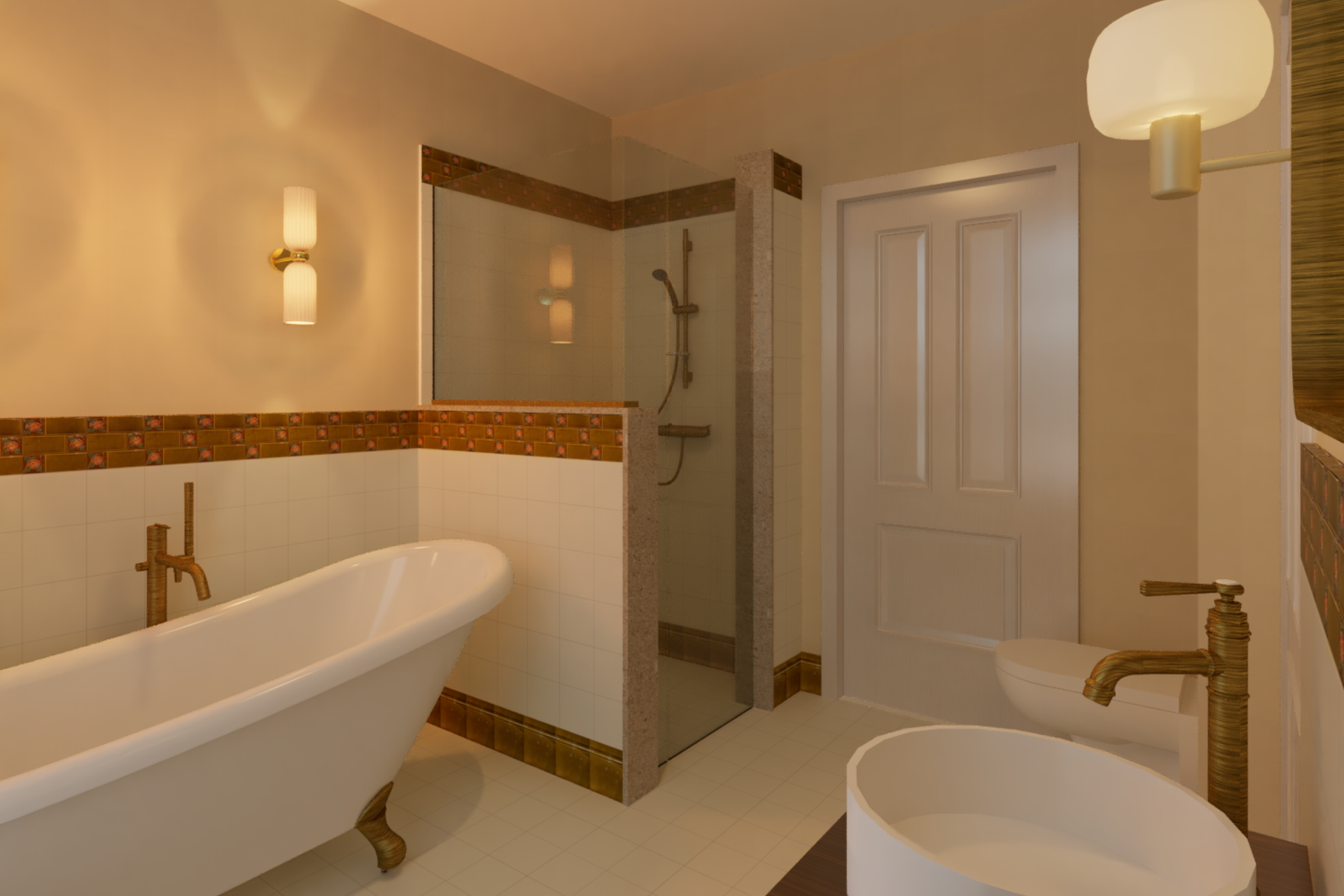Een badkamer met bad, wastafel en douche.