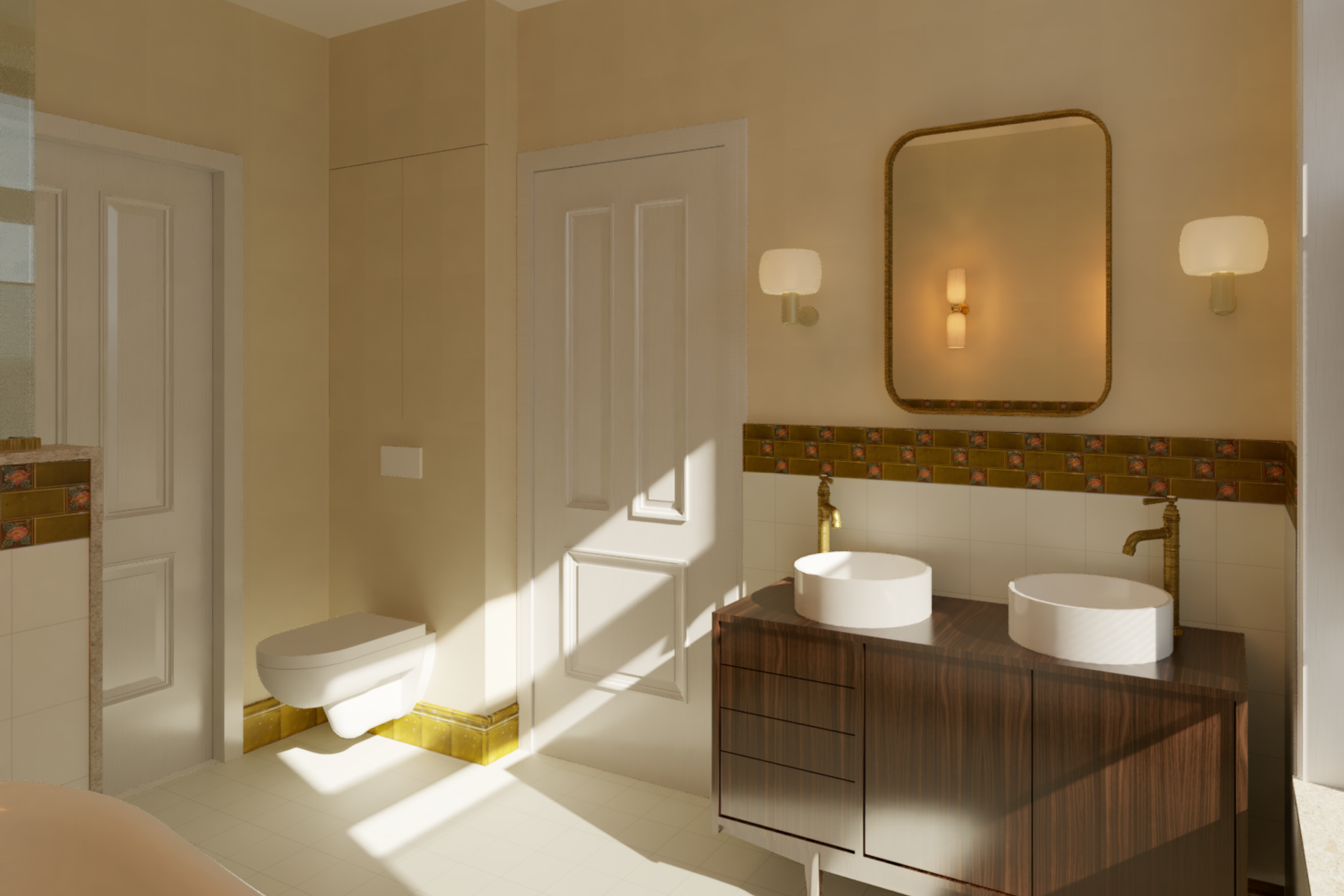 Een badkamer met twee wastafels, een toilet en een spiegel.