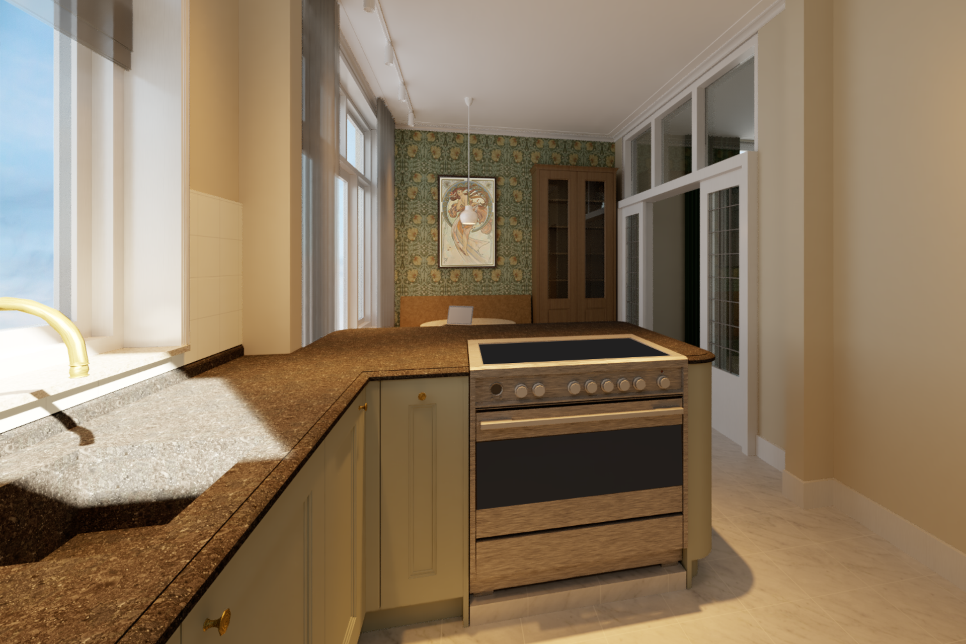Een keuken met een kookplaat, oven en een spoelbak