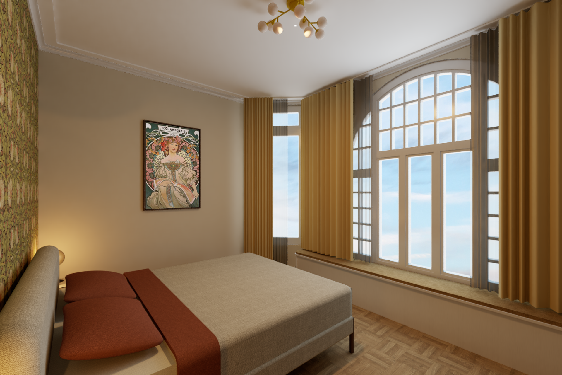Een slaapkamer met een groot bed en een raam