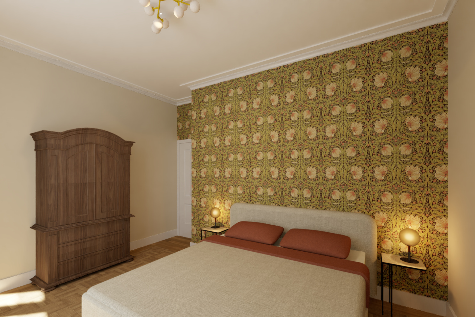 Een slaapkamer met een bed, kledingkast, nachtkastjes en een kroonluchter.