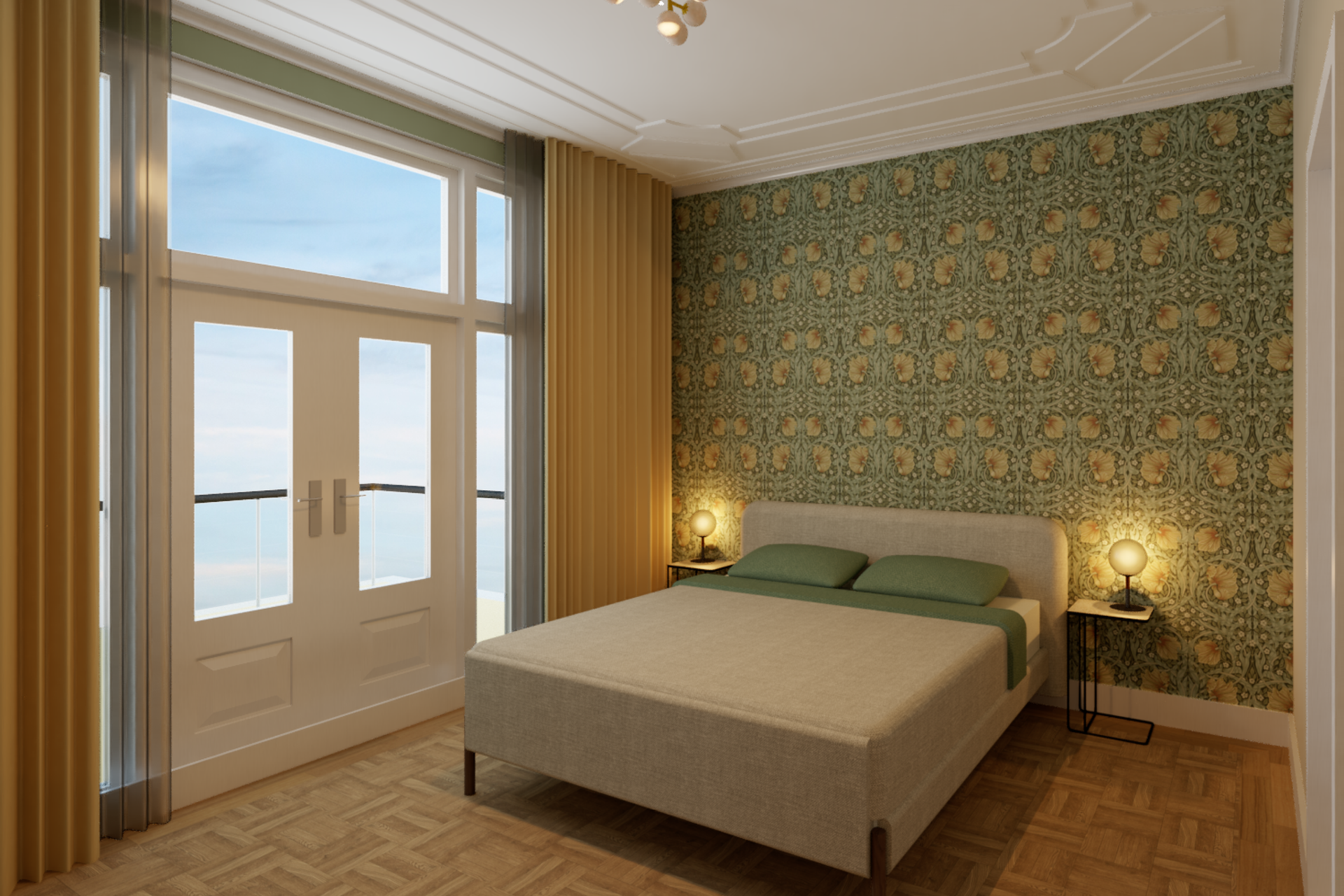 Een slaapkamer met een groot bed en een groot raam.
