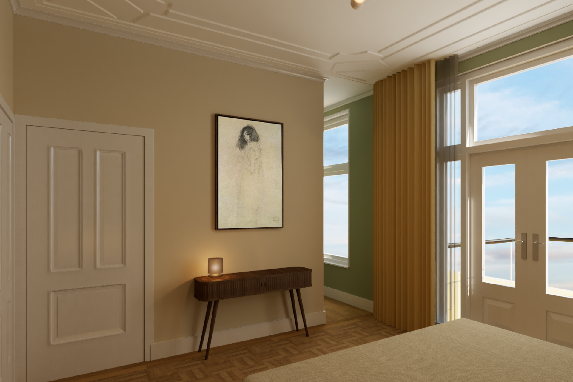 Een slaapkamer met een groot raam en een schilderij aan de muur.