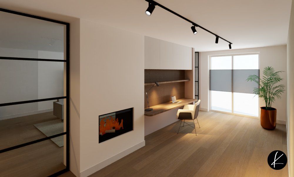 interieurontwerp werkplek stalen deur naar de woonkamer