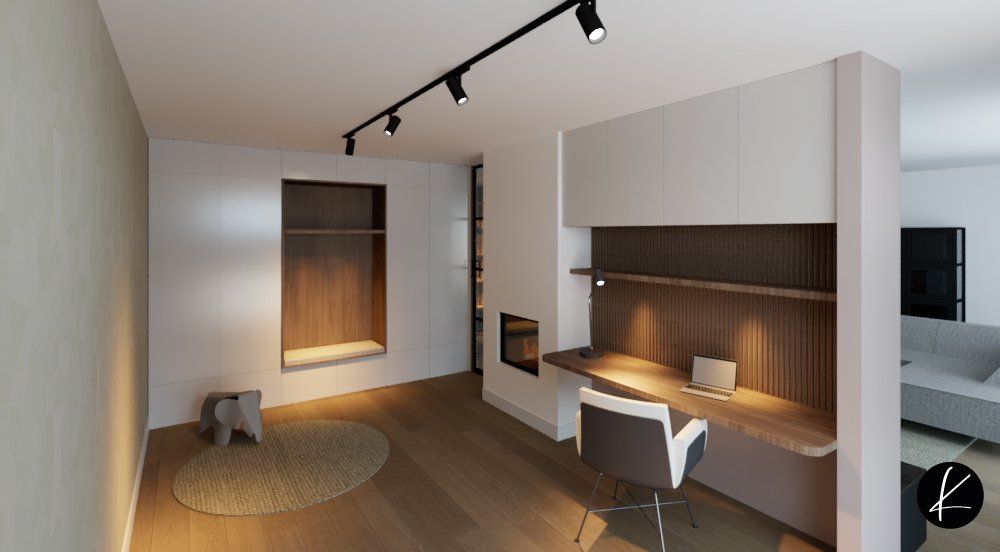 ontwerp speelkamer en kantoorruimte, kastenwand met nis