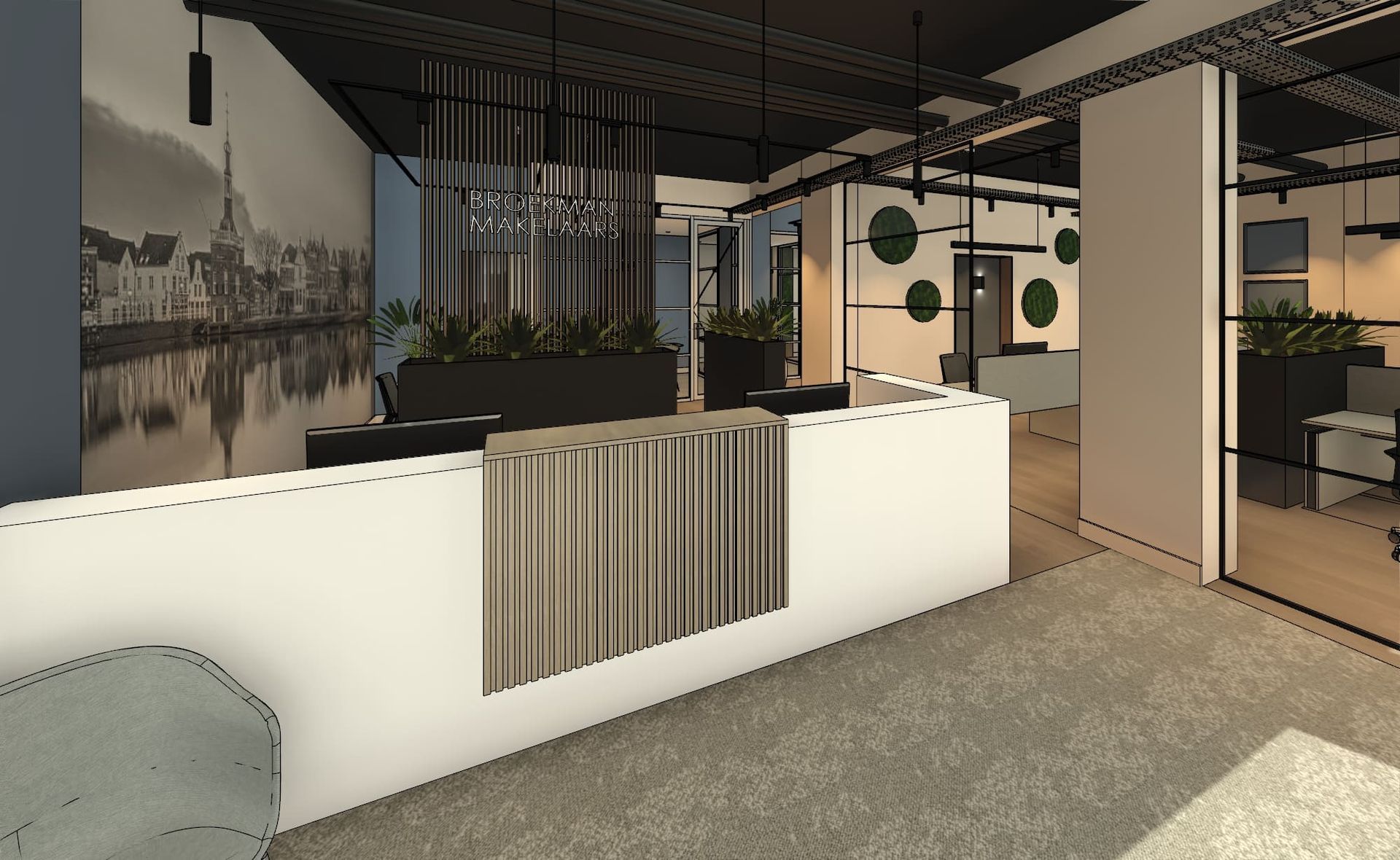 interieurontwerp makelaarskantoor, ontvangstbalie en zicht op de werkplekken