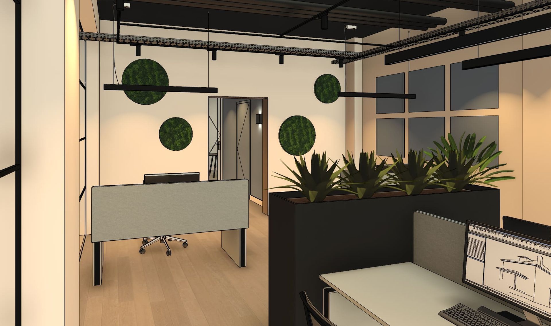 interieurontwerp makelaarskantoor, werkplekken kantoortuin met groen aan de wand