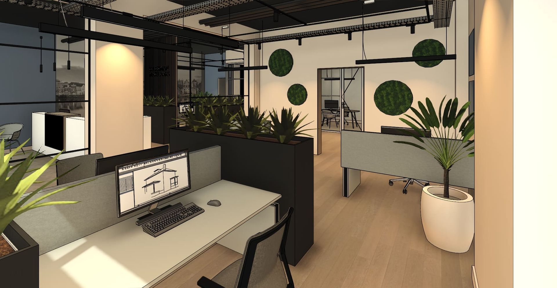 interieurontwerp makelaarskantoor, werkplekken kantoortuin met groen aan de wand