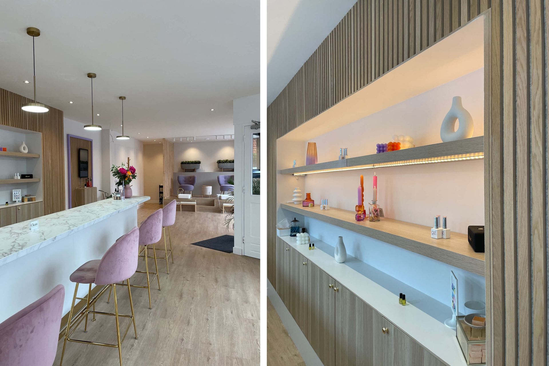 interieurdesign nagelstudio met nailbar, pastel tinten, goud, houten latten en led-verlichting in een kast