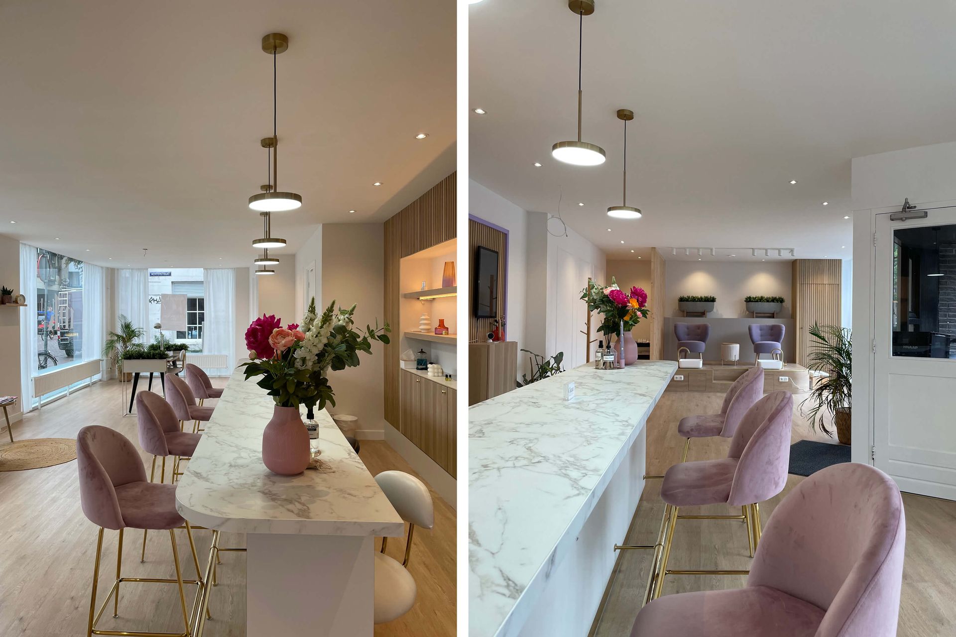 interieurdesign nagelstudio met nailbar, pastel tinten, goud