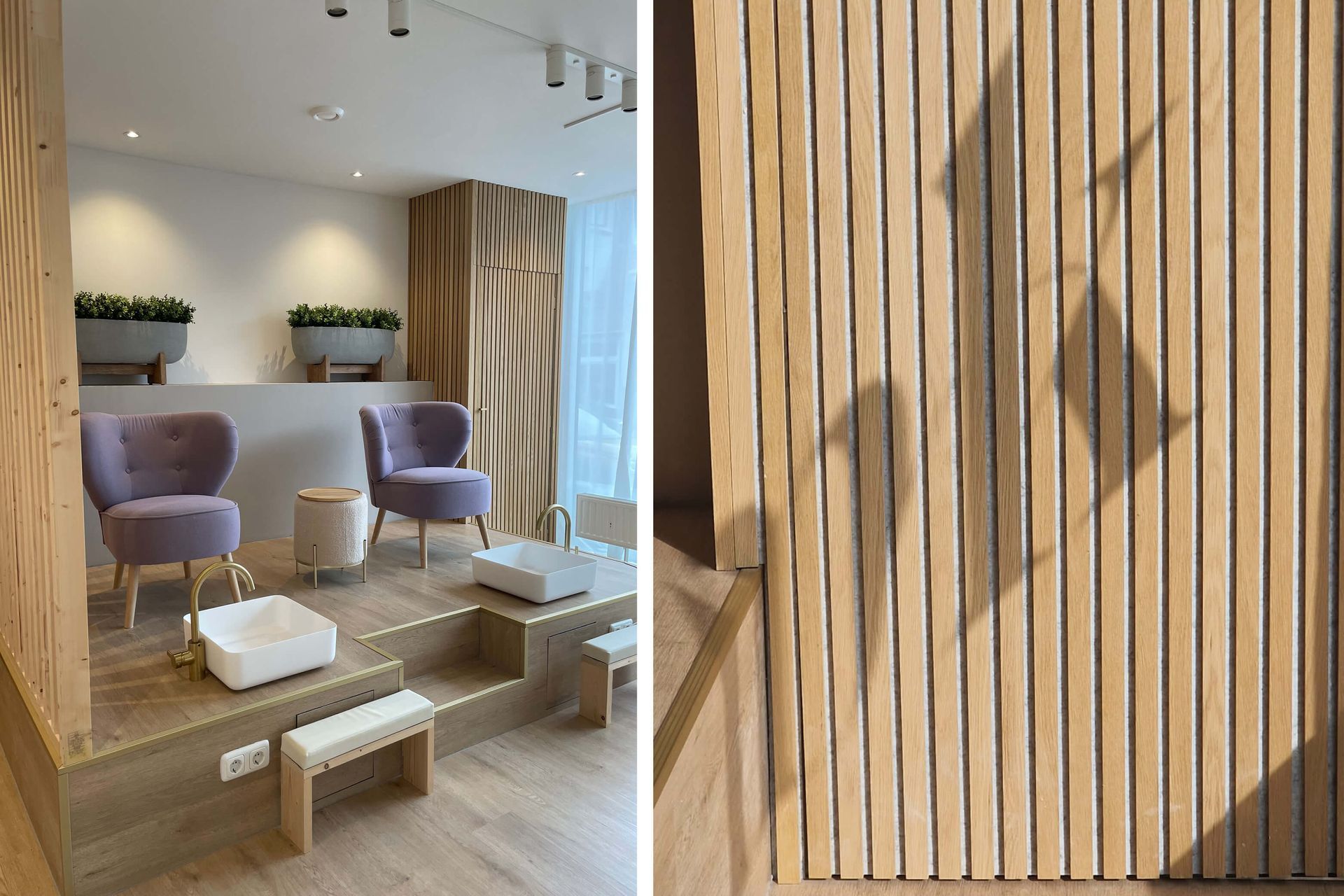 interieurdesign nagelstudio met nailbar, pastel tinten, goud, pedicure plek, houten latten wand en schaduw