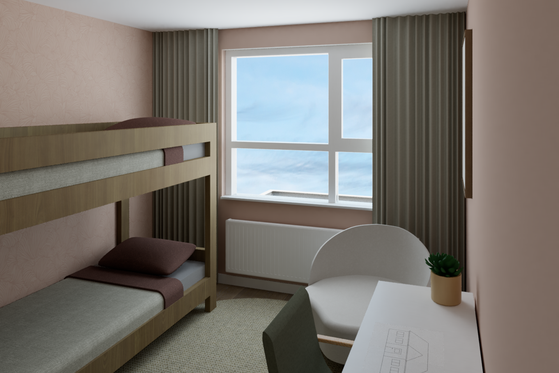 Een slaapkamer met stapelbedden, een bureau en een raam