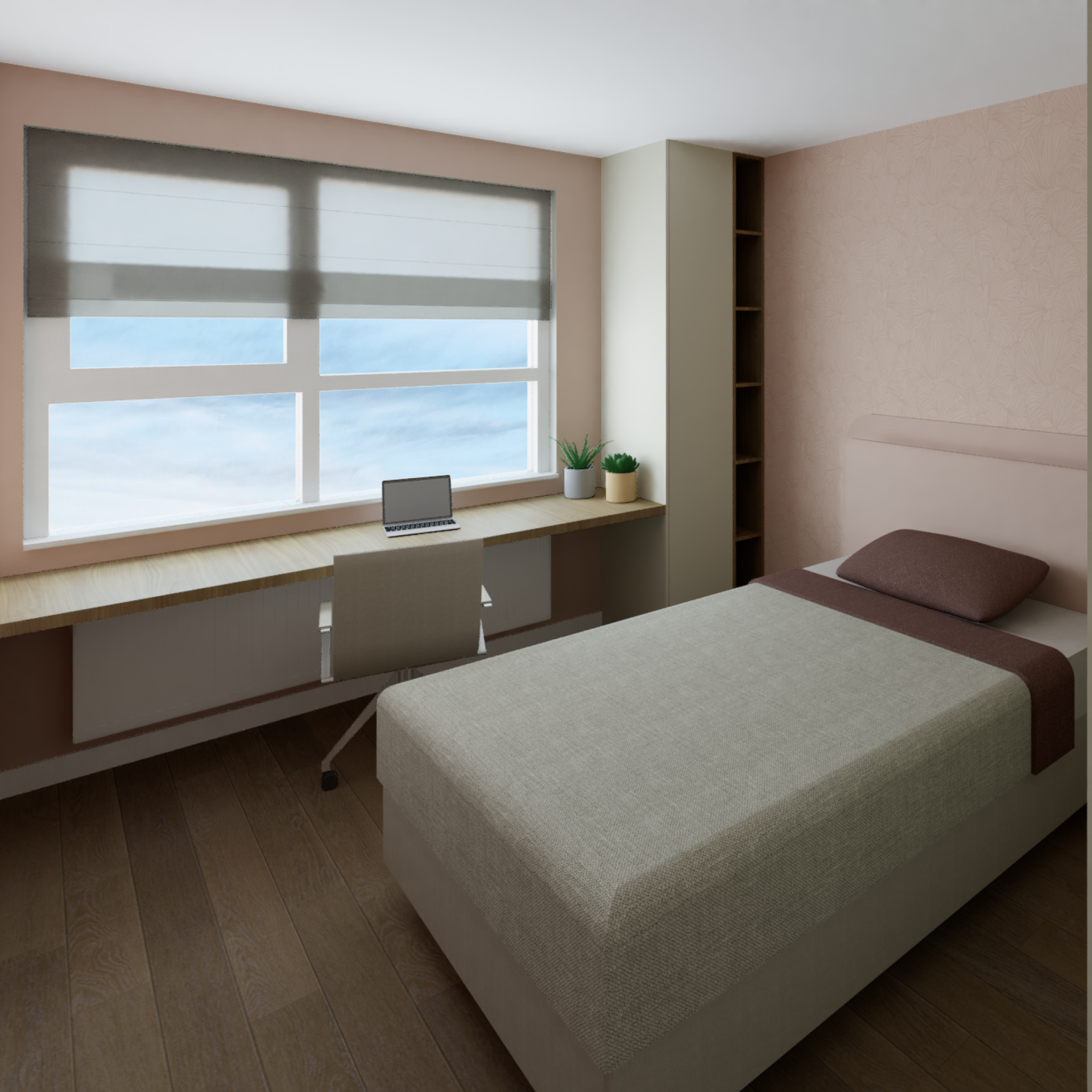 Een slaapkamer met een bed, bureau, stoel en kledingkast.