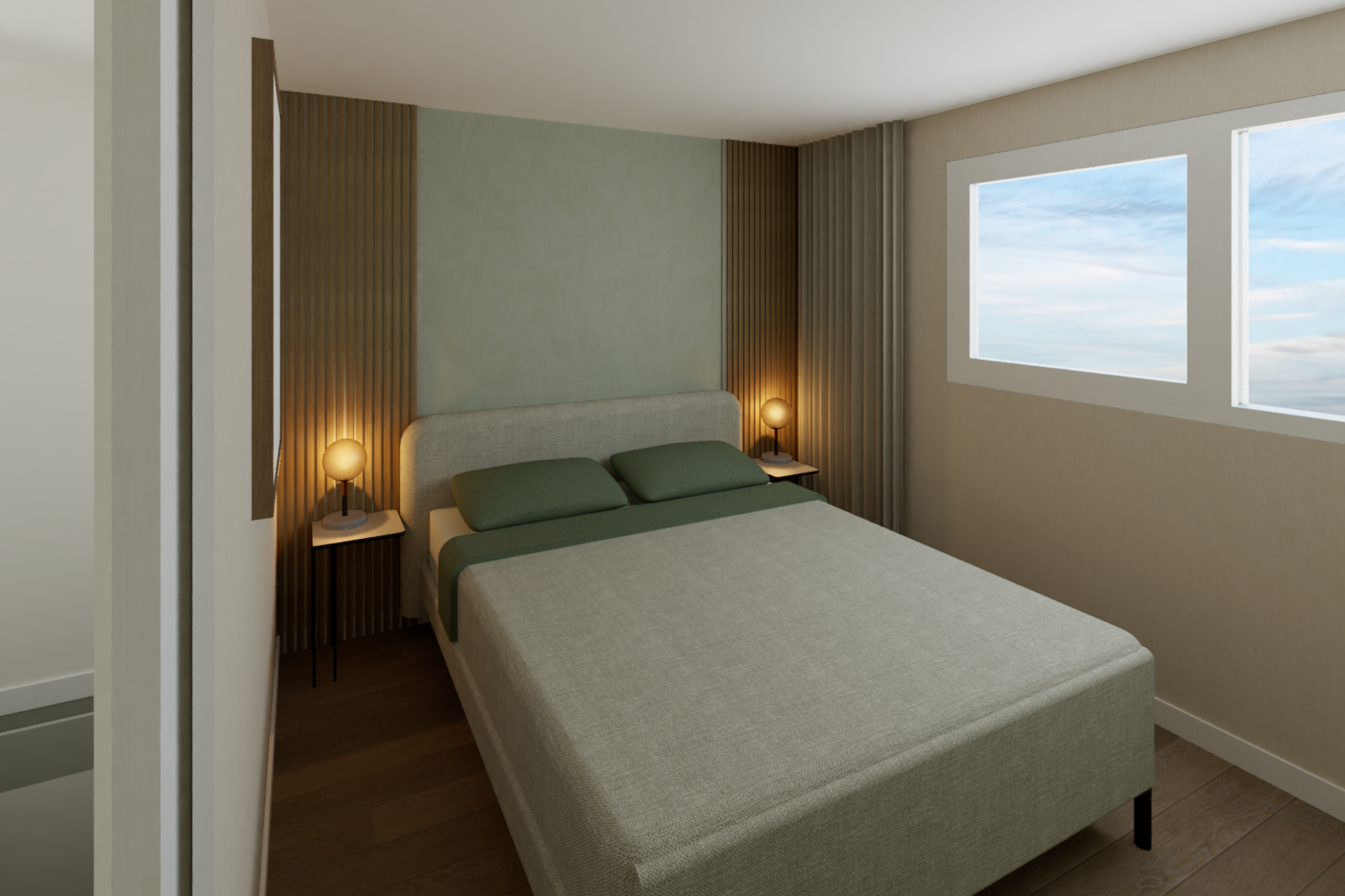 Een slaapkamer met een groot bed en twee ramen.