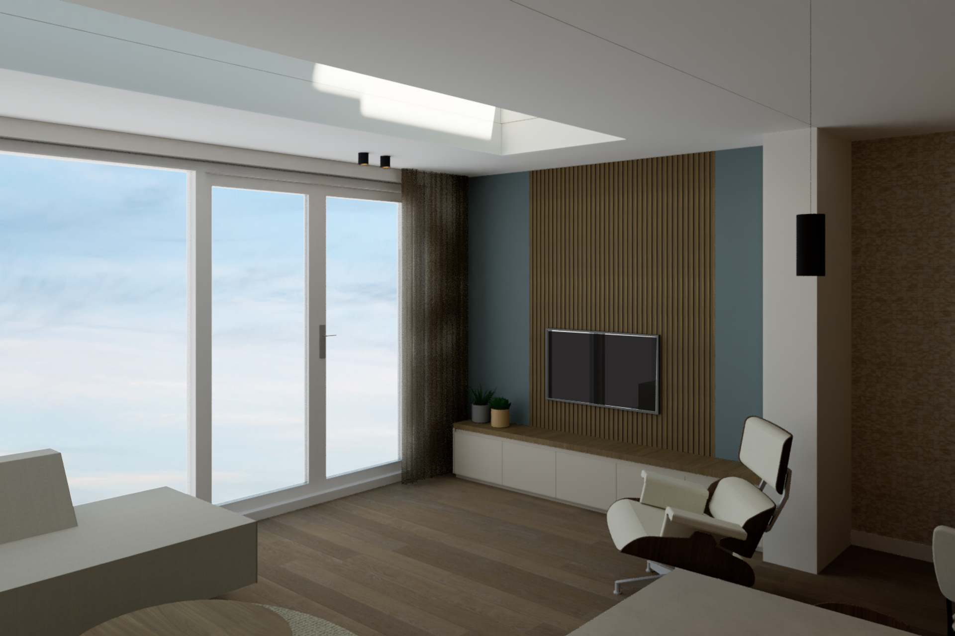 Een woonkamer met glazen schuifdeuren en een flatscreen-tv