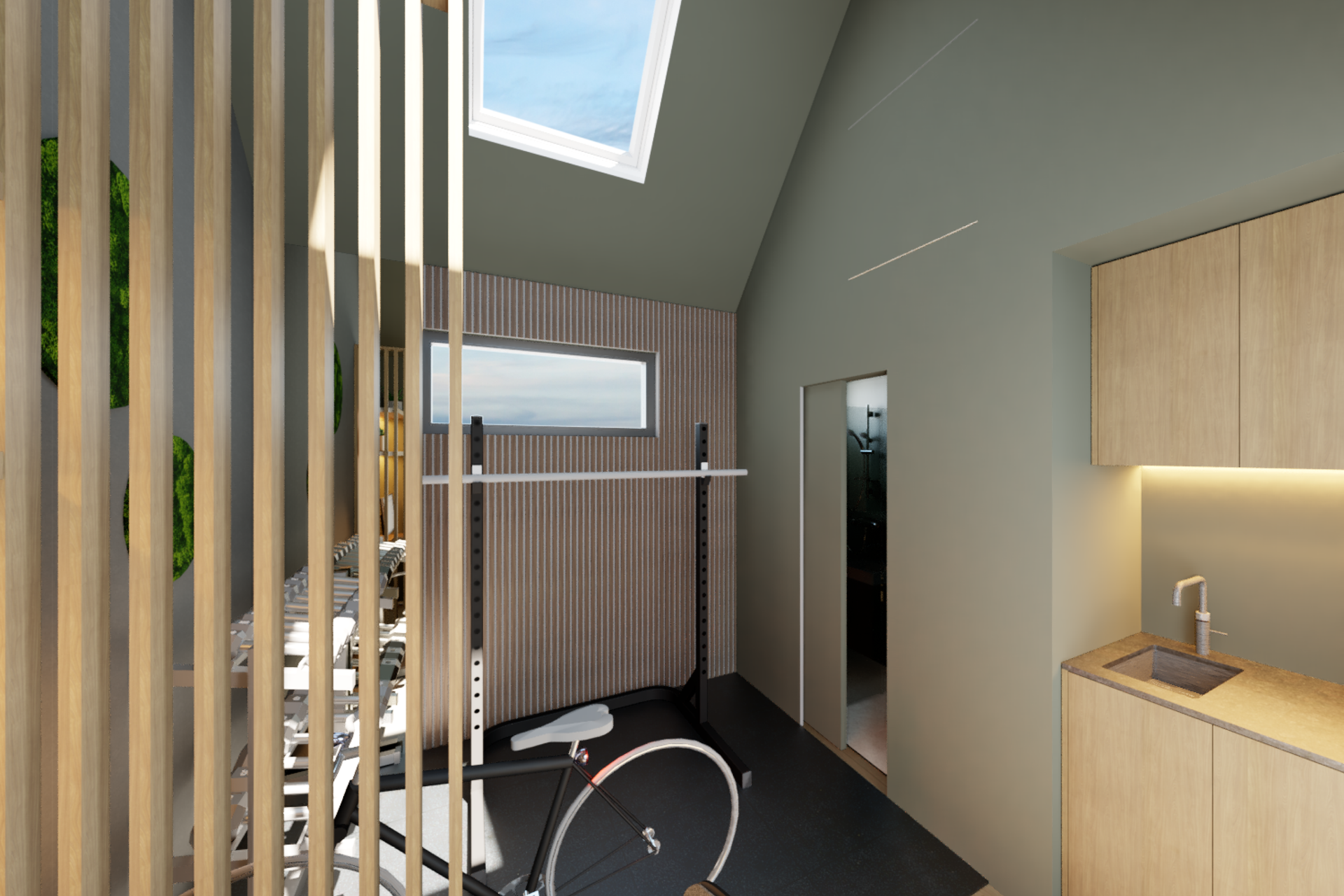 Een impressie van een sportschool aan huis met een fiets op de vloer.