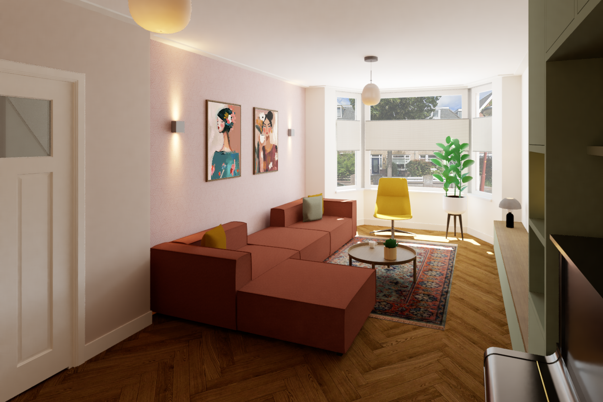 Een woonkamer met een rode bank en een gele stoel