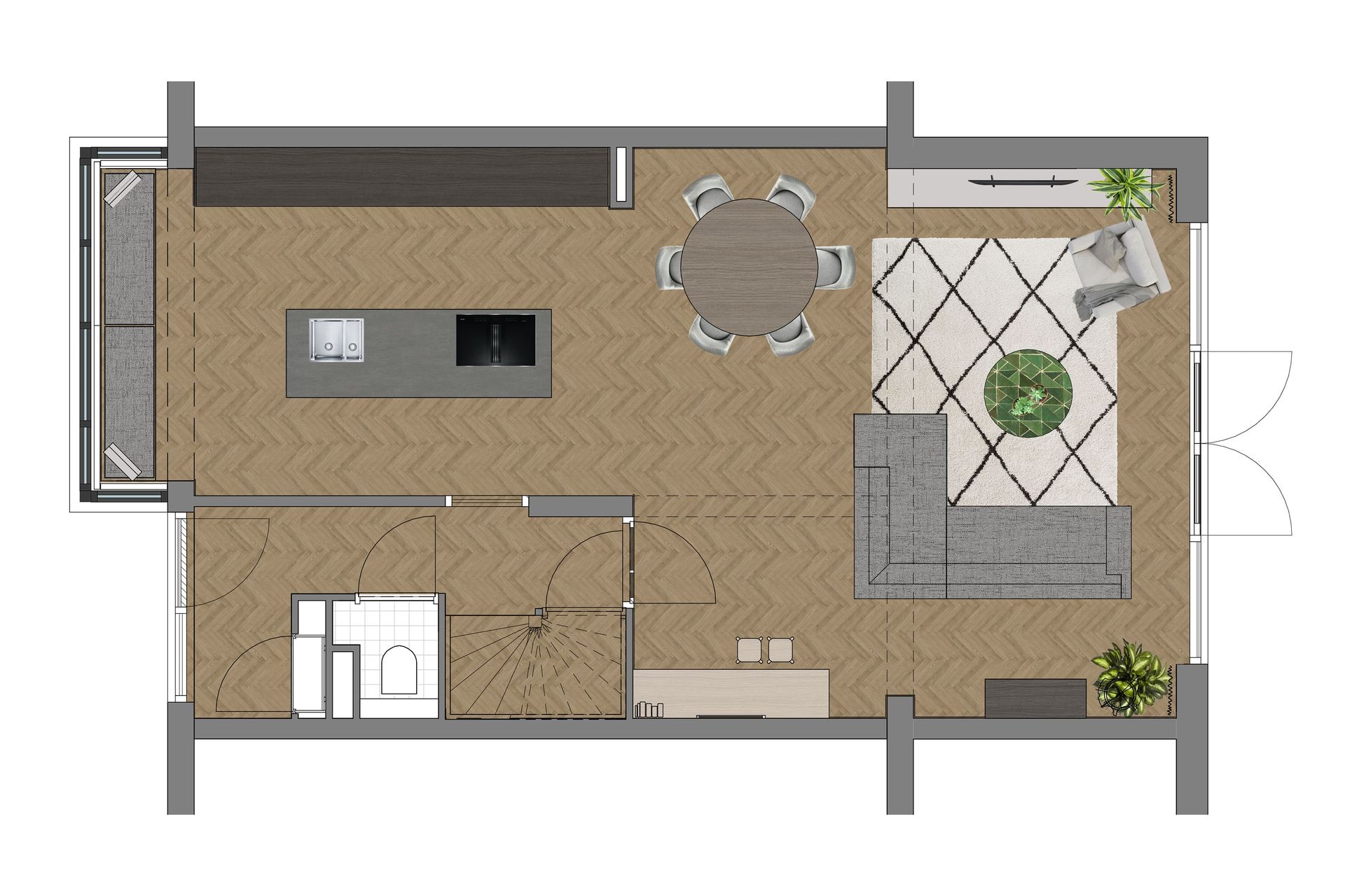verbouw woning in heemskerk, keuken aan voorzijde van je woning, kookeiland, indelingsplattegrond
