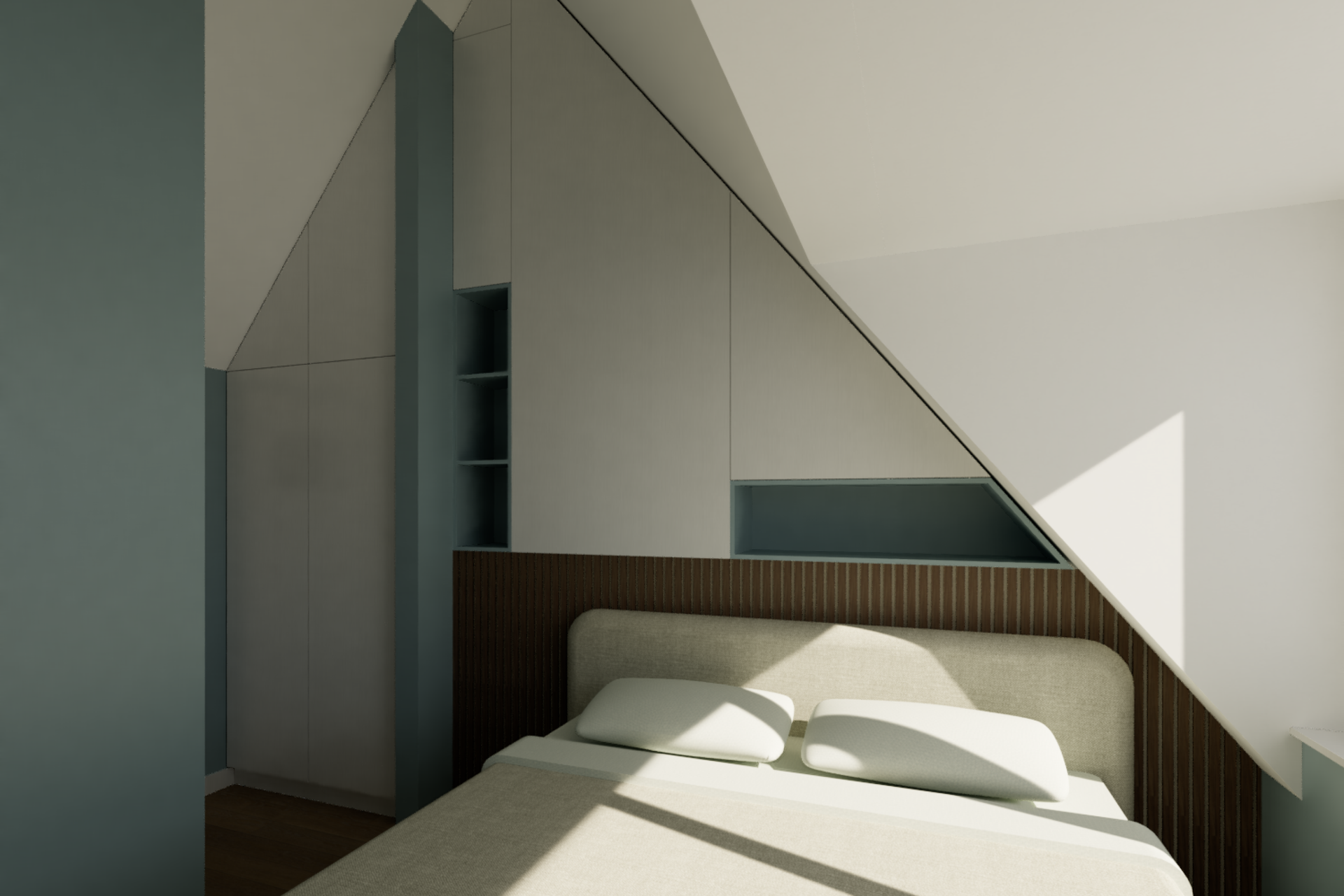 Een slaapkamer met een schuin plafond en een bed