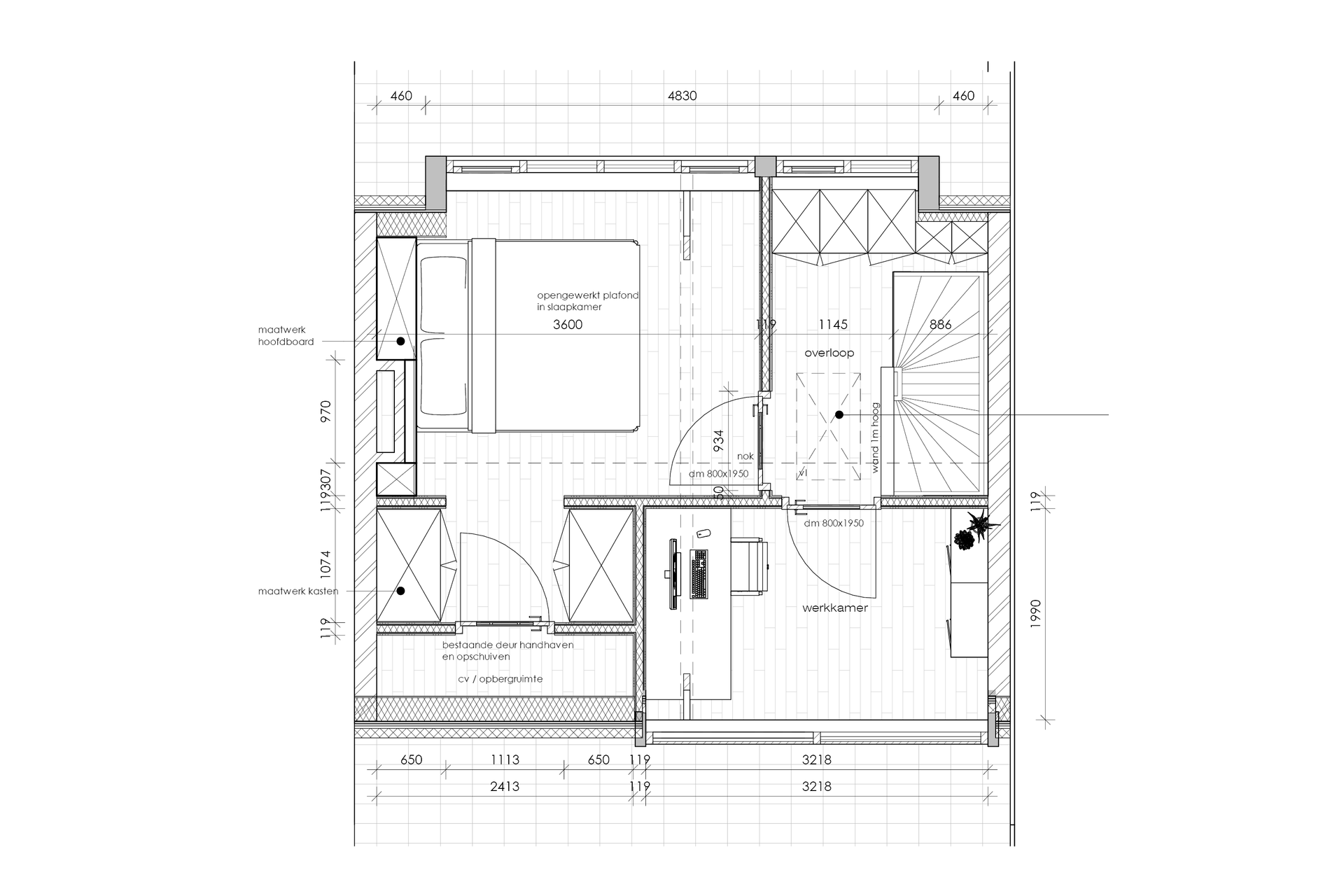 Een zwart-wit plattegrond van een klein appartement.