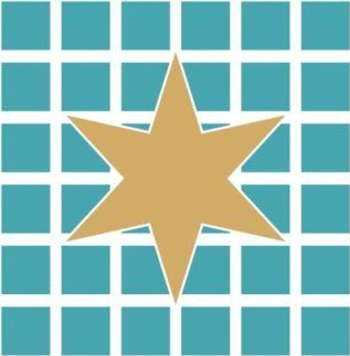 Half blue circle with seven white stars, other half red and white stripes.