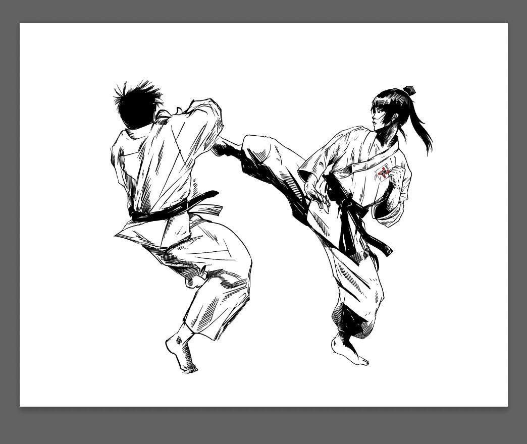 A black and white drawing of two people practicing karate by Wimbledon Kempo