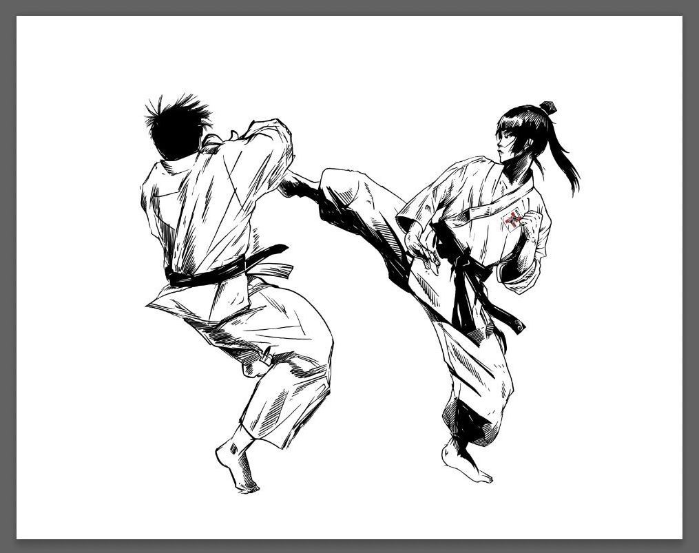 A black and white drawing of two people practicing karate. Wimbledon Shorinji Kempo Self Defence Training